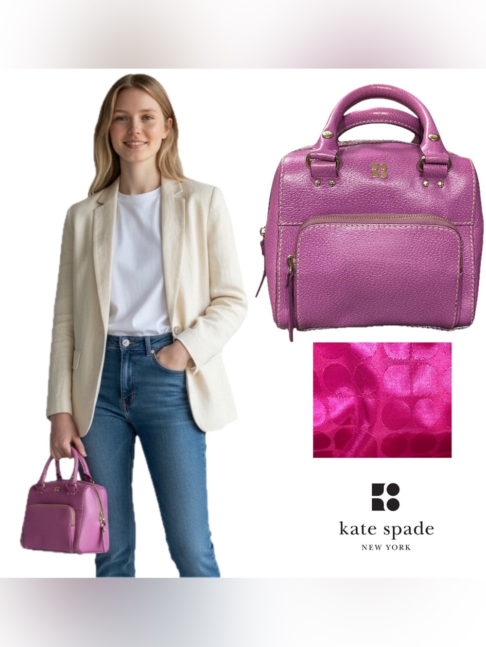 KATE SPADE Y2K Archival Fuchsia Leather Mini Bowler Handbag Rare Dot Noel EUC